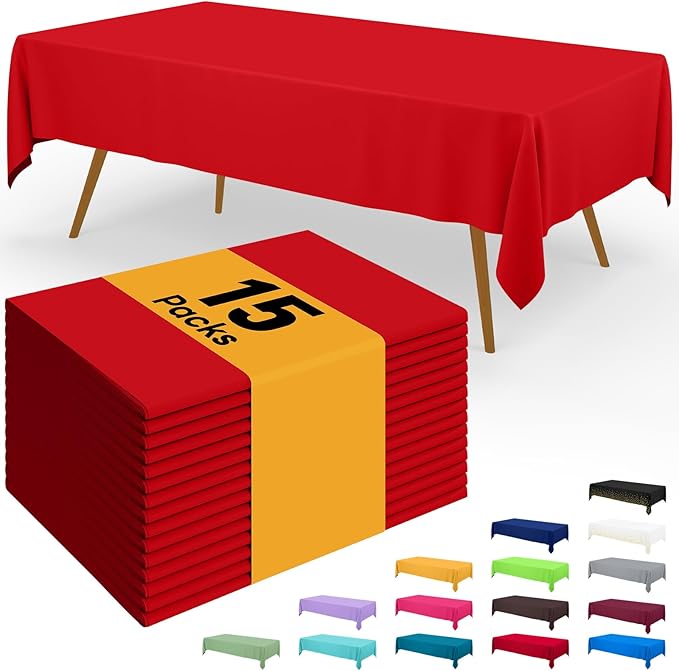 Smiry Disposable Table Cloth - 15 Pack, 54 x 108 Inch Waterproof Rectangle Tablecloths for Parties, Decorative Plastic Table Cover, Leakproof & Sturdy, Red