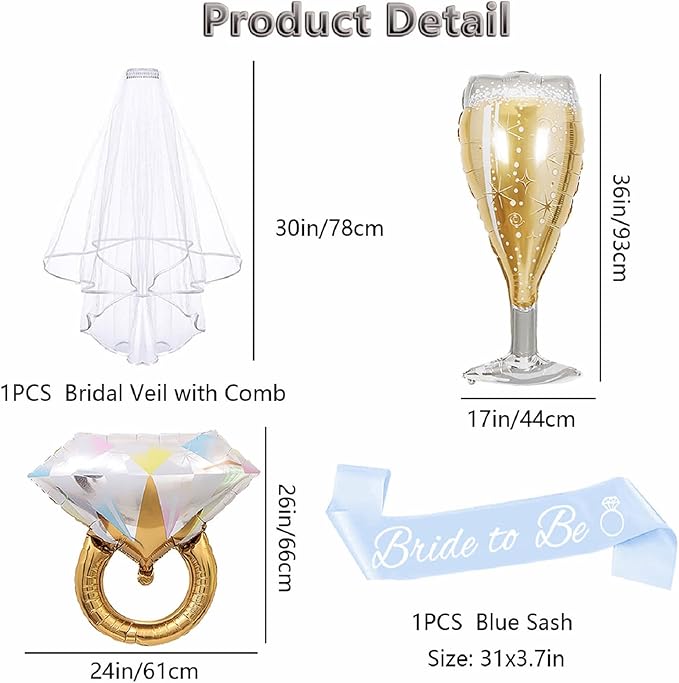 4PCS Bachelorette Blue Sash and Veil for Bride Party, Bride To Be Accessories for Bridal Shower Engagement Wedding