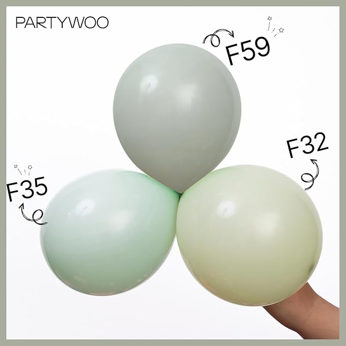 PartyWoo Dusty Green Balloons 140pcs Different Sizes Pack of 18 12 10 5 Inch Sage Olive Eucalyptus Green Boho Neutral Balloon Arch Kit for Jungle Woodland Theme Birthday Party Decorations Green-F59