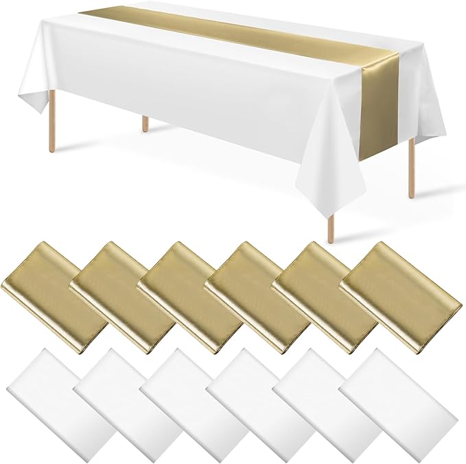 12Pack 12x108 Inch Satin Table Runner and 54x108Inch Plastic Tablecloths Set White and Gold Disposable Rectangle Table Cover for Graduation Wedding Bridal Shower Anniversary Birthday Party Decorations
