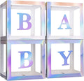 Baby Boxes with 4 PCS Letters for Baby Shower White Clear Balloon Box Blocks Gender Reveal Decorations and Birthday Party (Silver)