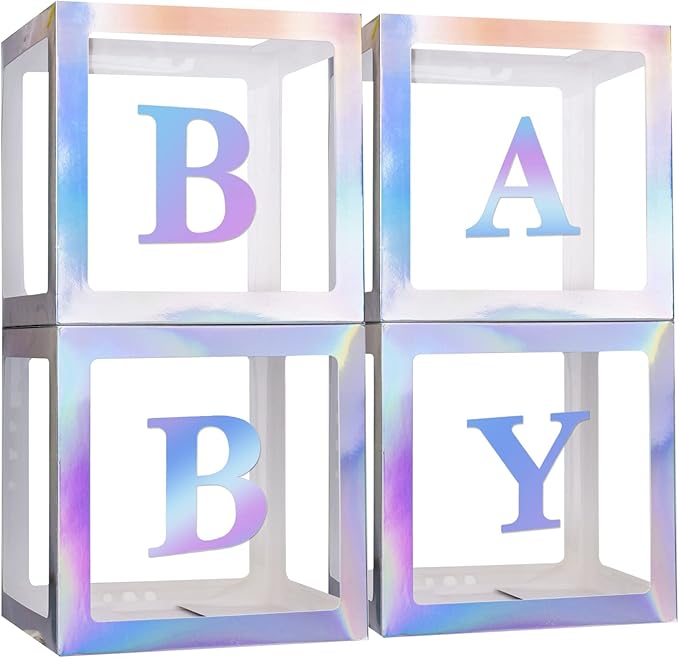 Baby Boxes with 4 PCS Letters for Baby Shower White Clear Balloon Box Blocks Gender Reveal Decorations and Birthday Party (Silver)