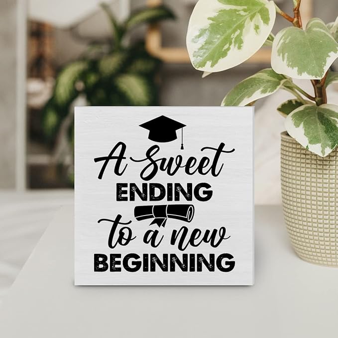 Graduation Wood Box Sign Decor Desk Sign Graduate a Sweet Ending to a New Beginning Wooden Box Block Sign Rustic Home Graduation Party Decoration Grad Gift