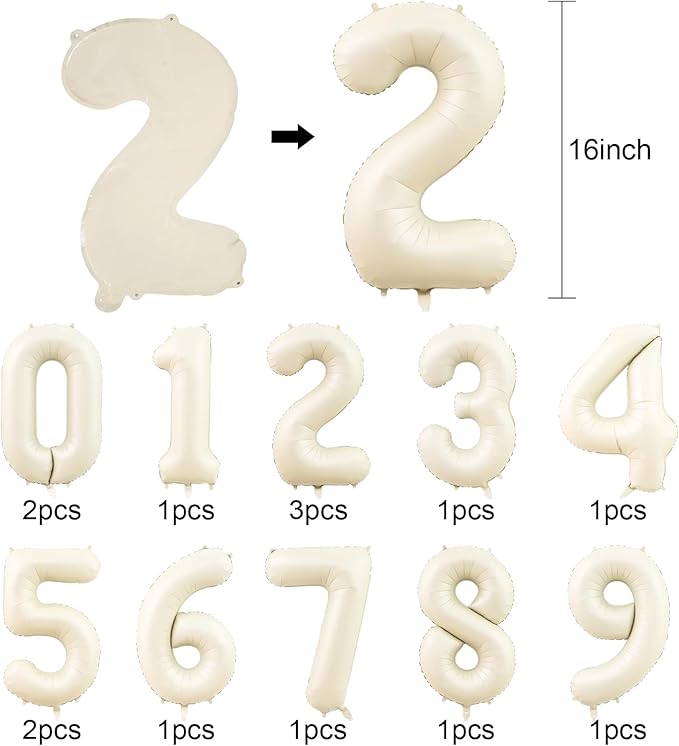 Number Balloons 16 Inch Sand White 0-9 Number Foil Balloons 14 Pcs Custom Digital Balloons for Party Decorations New Years Eve Party Birthday Graduations Anniversary Baby Shower
