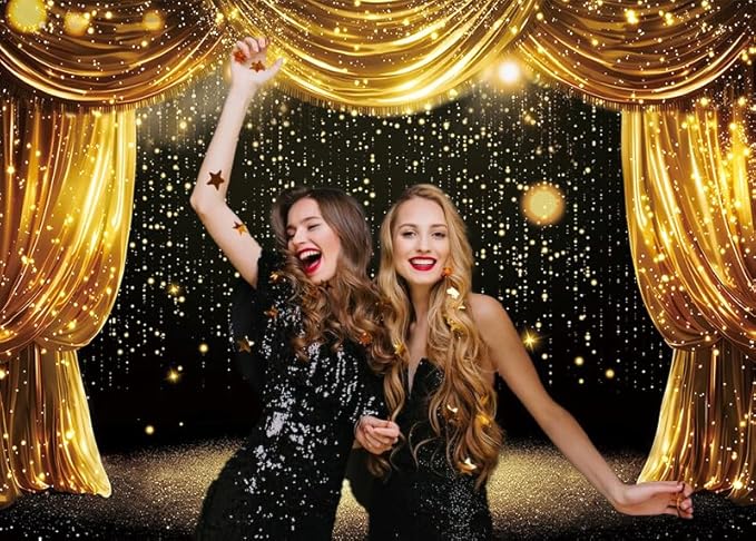 Black Gold Backdrop Black Gold Curtains Glitter Spots Theater Stage Photography Background Adults Kids VIP Carnival Graduation Prom New Year Birthday Party Decorations Banner Photo Props (8x6FT)
