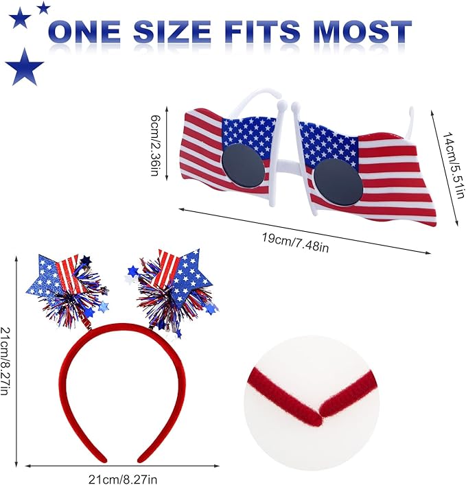 20 Pcs 4th of July Patriotic Party Accessories, 12 American Flag Party Glasses, 8 USA Independence Day Headbands, Red White and Blue Patriotic Photo Booth Props, Veterans Day, Memorial Day Supplies