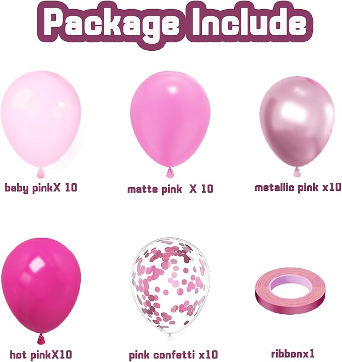 Pink Balloon Hot Pink Balloons Set, 50pcs 12inch Pastel Light Pink Metallic Pink Confetti Balloons for Princess Birthday Wedding Bridal Shower Valentine's Day party Decorations