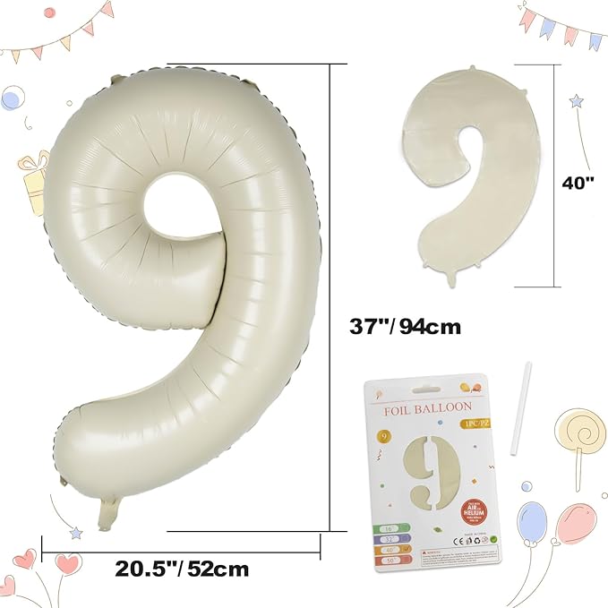40in Birthday Big Number Balloon - CARGEN Giant Foil Balloons for Women Men Birthday Party Wedding Anniversary Supplies Decorations, Creamy White Nine, No.9
