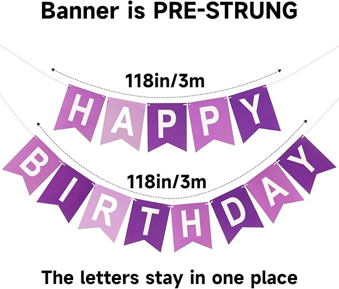 Purple Happy Birthday Banner Birthday Party Banner NO DIY Happy Birthday Sign Pre-Strung Birthday Hanging Decoration for Women Men Girl Boy Party Supplies(Purple)