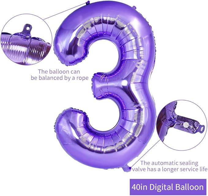 TONIFUL 40 Inch Purple Large Numbers Balloon 0-9 Birthday Party Decor,Foil Mylar Big Number Balloon Digital 3 for Birthday Party,Wedding, Bridal Shower Engagement Photo Shoot, Anniversary