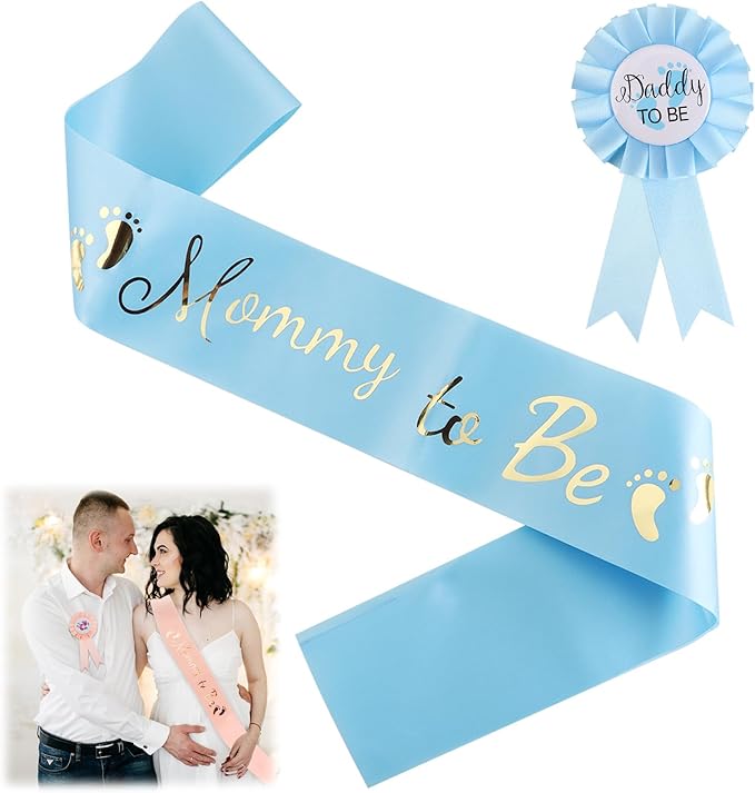 2 Pcs Baby Shower Decorations, Mommy to Be Sash and Daddy to Be Badge Set, It's a Themed Party Supplies for Baby Shower and Gender Reveal Decoracion (Blue 2 Pcs)