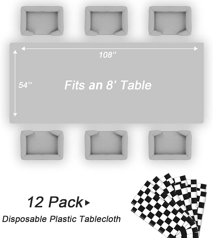 QIKSION Checkered Tablecloth Disposable 12 Pack, 54 x 108 Inch Black and White Checkered Flag Table Cloth for Race Car Decorations, Birthday Party Supplies, Rectangle, Plastic Table Cover