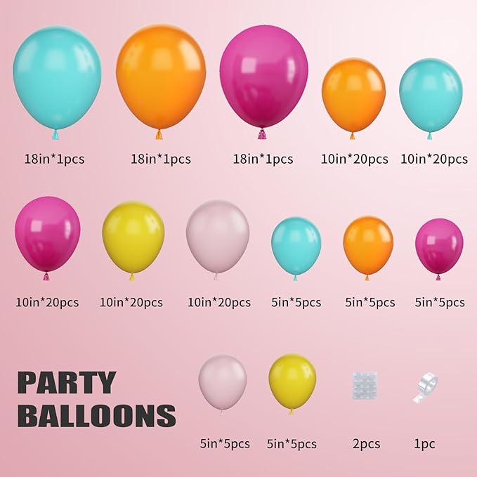 Pink Yellow Orange Balloon Garland, 131PCS and Arch with Rose Red Blue Latex Balloons, Balloons for Girls Birthday, Tropical Fiesta Party Decorations