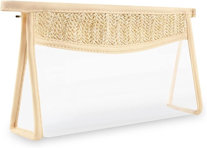 Boho Patch Bag Clear Makeup Letter Bag, Waterproof Zipper Make up Bags Toiletry Pouch for Women Girls, Hollow Woven Clear Letter Patch Cosmetic Bags Transparent Organizer Pouch for Travel(Beige)