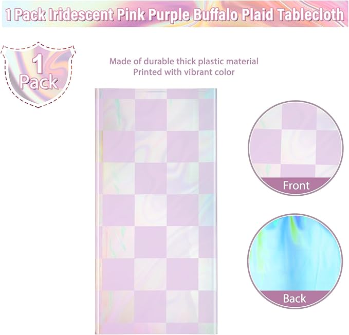 1Pack Iridescent Checkered and Purple Plastic Tablecloths Shiny Disposable Laser Rectangle Table Covers Holographic Foil Tablecloth Iridescent Party Decorations Birthday Bridal Baby Shower, 54x108Inch