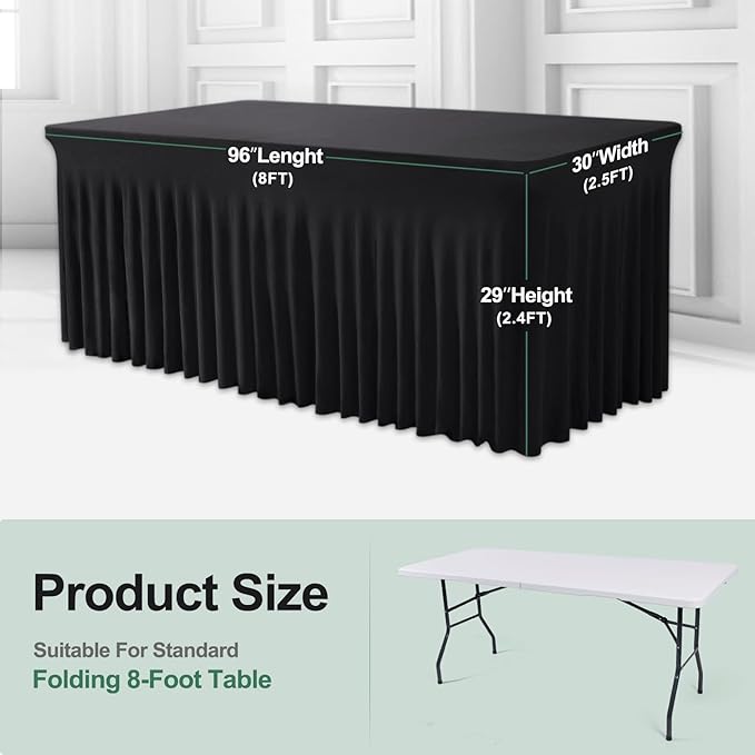 Table Skirts for Rectangle Tables 8ft - One-Piece Black Tablecloths and Skirt, Wrinkle Resistant Ruffles Elastic Cover for Banquets, Weddings, Events, Parties