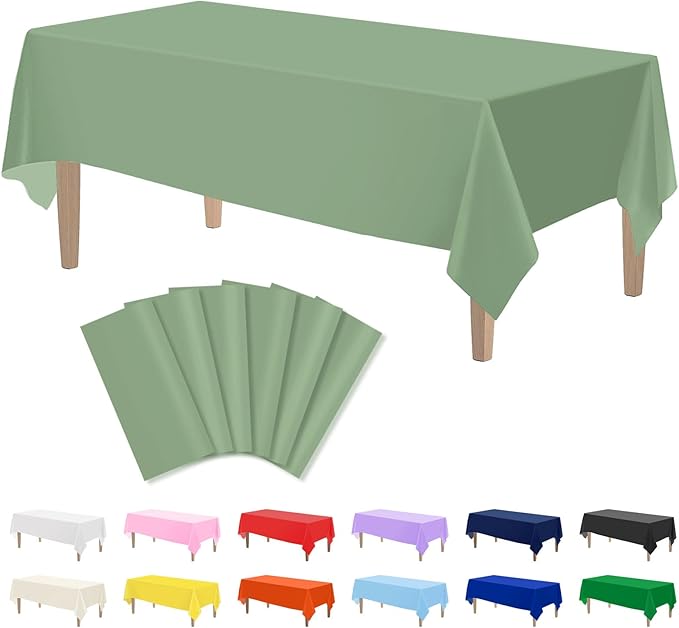 Kopokita 6PCS Sage Green Plastic Tablecloths 54 x 108 Inch, Disposable Table Cloths Rectangle Party Table Covers