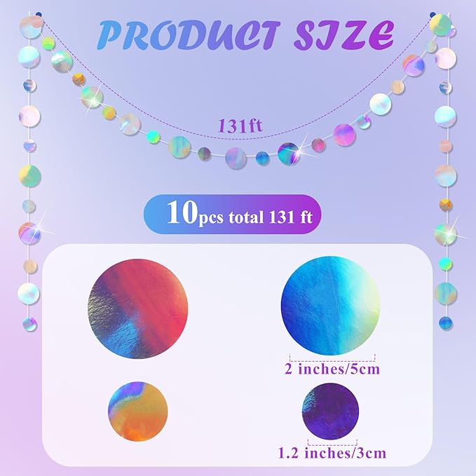 Outus 10 Pieces Round Dots Garland Iridescent Party Decorations Holographic Circle Garlands Each Length 13.1ft Glitter Paper Dot Streamers for Birthday Wedding Classroom (Laser Silver)