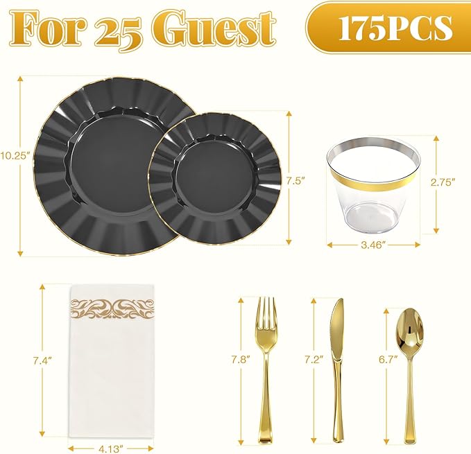 175 Plastic Dinnerware Set Party Supplies Disposable Dinnerware Set for 25 Guests Include 50 Plastic Plates,25 Silverware Set,25 Cups and 25 Napkins Plastic Plates for Party Wedding（Black and Gold）
