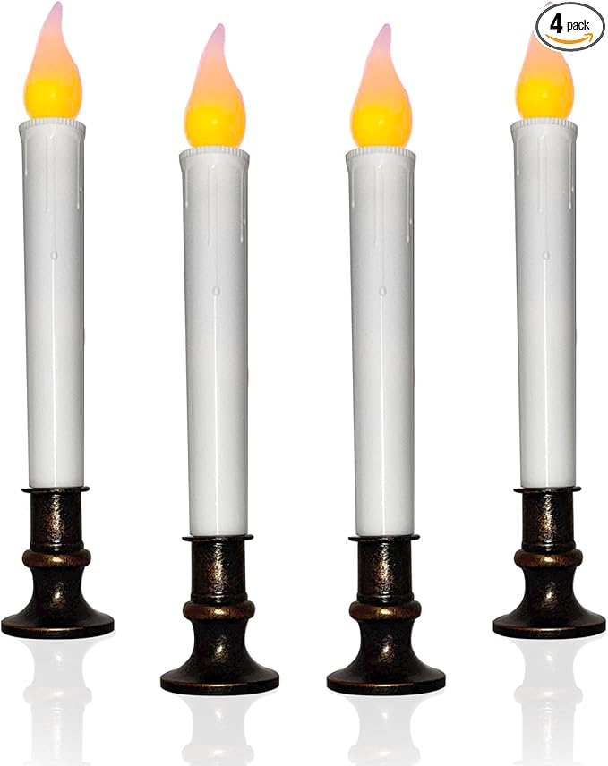 4 Pcs Christmas Window Candles with Timer, 9’’ LED Battery Operated Window Candle Lights with Flickering Flameless Flame, LED Candlesticks for Holiday Christmas Window Table Home Decor-Bronze Base