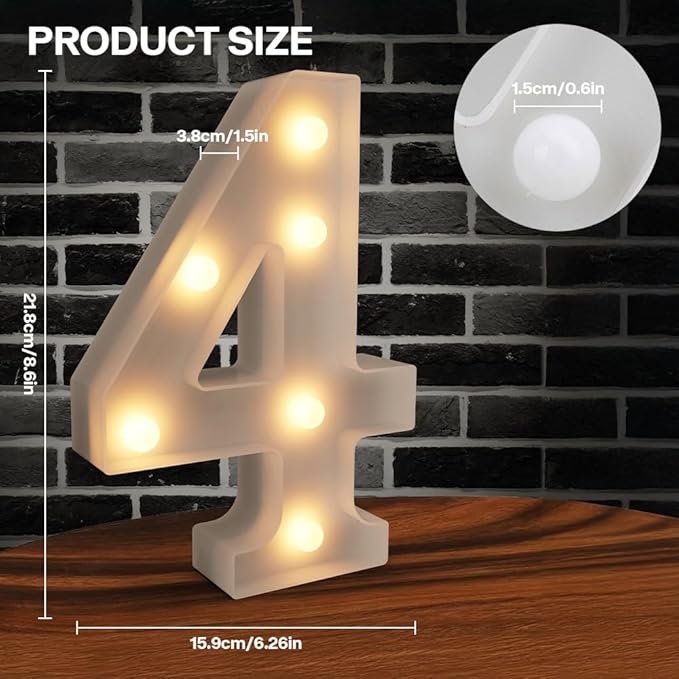 Marquee Numbers Light up Numbers, 0-9 Number Battery Powered LED Light, White Plastic Numbers Sign, Night Light Number Decor for Graduation Engagement Wedding Baby Shower Birthday (Number 4)