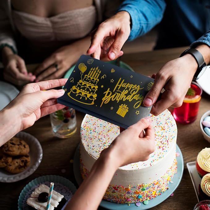 Black Gold Happy Birthday Envelope for Cash, DIY Money Holder with 6 Slots for Cash, Surprise Card Holder for Birthday, Money Gift Card for Men Women