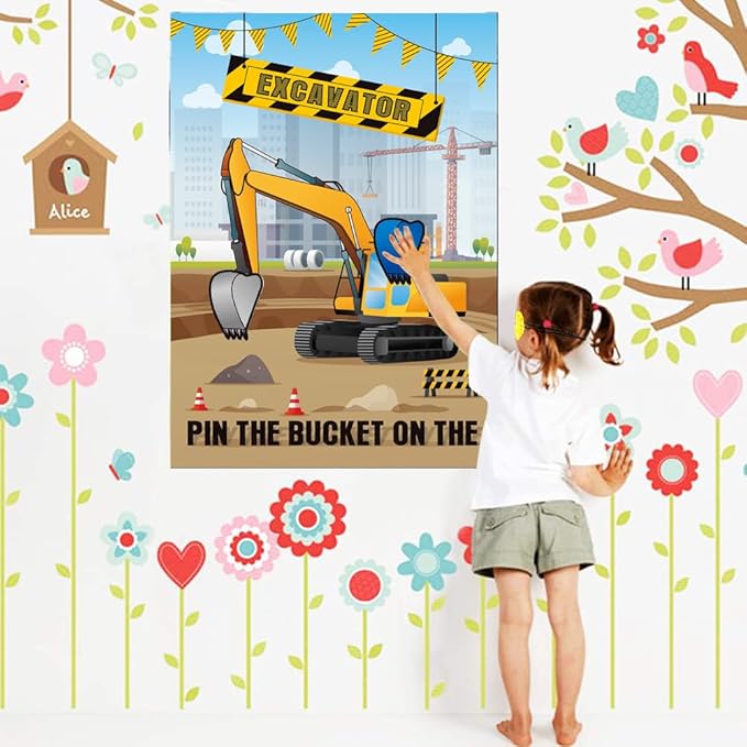 Pin The Bucket on The Excavator Party Games -Construction Themed Birthday Games for Kids Boys with 21'' x 28'' Truck Game Poster, Resuable Stickers Construction Party Supplies Party Favor Sets