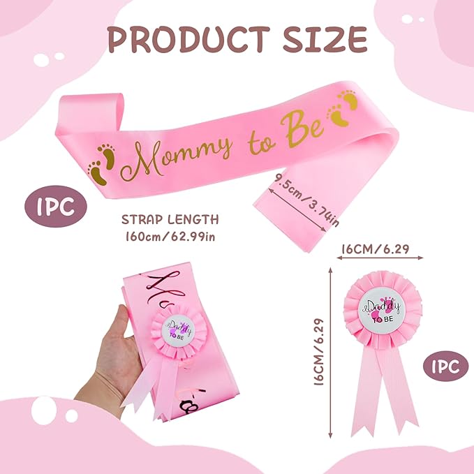 2 Pcs Baby Shower Decorations, Mommy to Be Sash and Daddy to Be Badge Set, It's a Themed Party Supplies for Baby Shower and Gender Reveal Decoracion (Pink 2 Pcs)