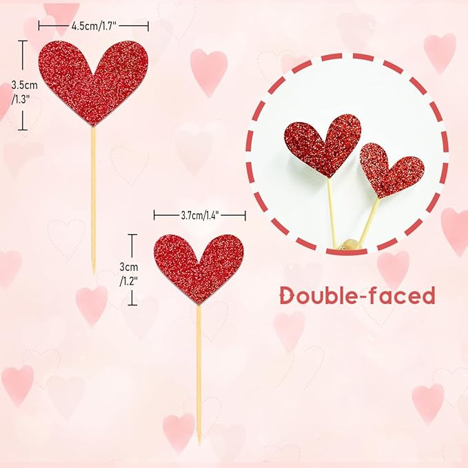24Pcs Glitter Red Heart Cupcake Toppers for Valentine's Day Decorations, Mixed Size Double-Sided Heart Valentine's Day Cupcake Toppers for Wedding Bridal Shower Party Decorations (Red)