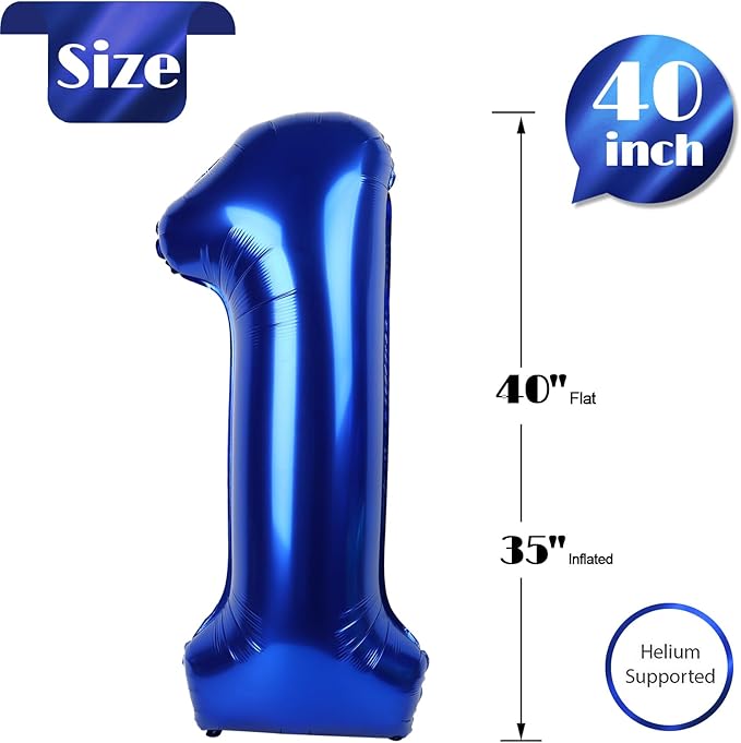 Night Blue Number 1 Balloon 40 Inch, 1st Birthday Balloon for Baby Boy Girl Toddler First Birthday Decorations, Shiny Night Blue Party Supplies
