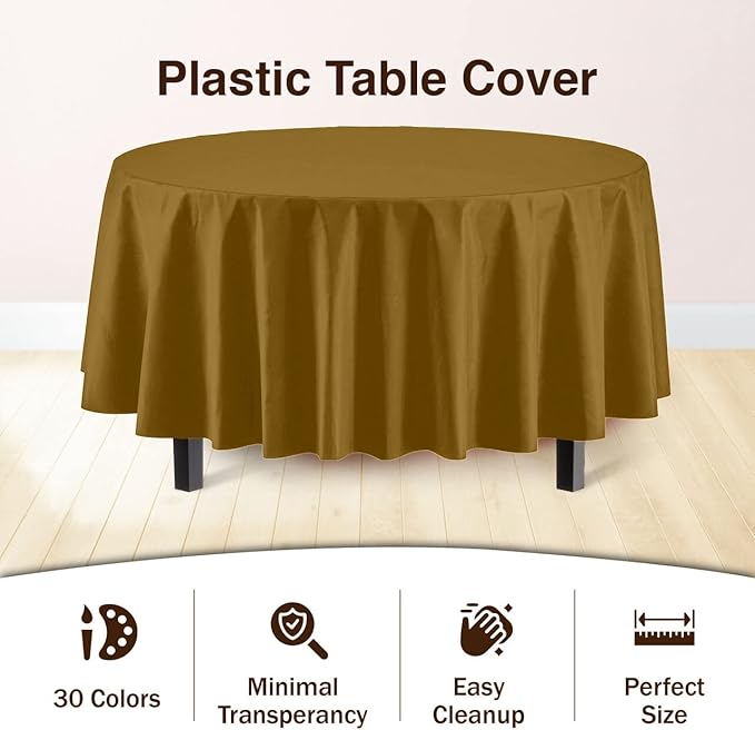 Exquisite Party Solids 6-Pack Premium Plastic Tablecloth 84in. Round Plastic Table Cover - Gold