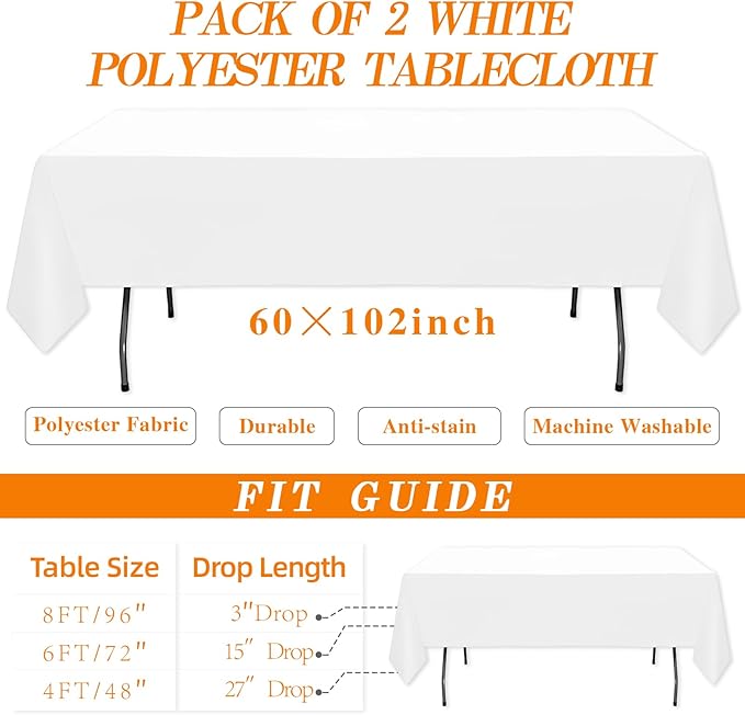 WIGENIUS 2 Pack White Table Cloth Rectangle 60 X 102 Inch Polyester Tablecloths, Wrinkle Resisitant Tablecloth for Wedding Buffet Parties and Dining (White, 2 Pack 60 X 102 inch)