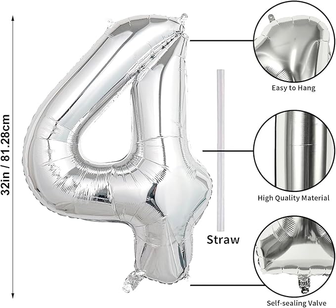 32 In Silver Large Numbers Balloons 0-9, Self Inflating Number 4 Balloons for Boys Girls, Big Silver Digit 4 Balloons for Women Men Birthday Party Anniversary Wedding Supplies Decorations