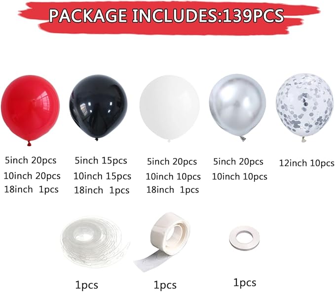 Red Black White Balloon Arch Kit 139Pcs with Sliver Confetti for Red and Black Birthday Party Decorations Graduation Party Birthday Party