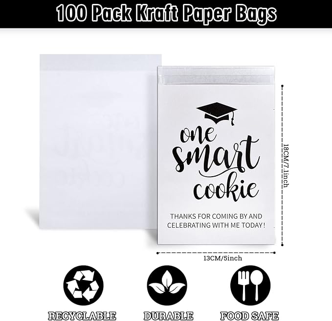 Whaline 100 Pack Graduation Candy Cookie Gift Bags One Smart Cookie Self-Adhesive Buffet Treat Bag Congrats Grad White Kraft Paper Treat Gift Bags for Graduation Party Decoration Supplies