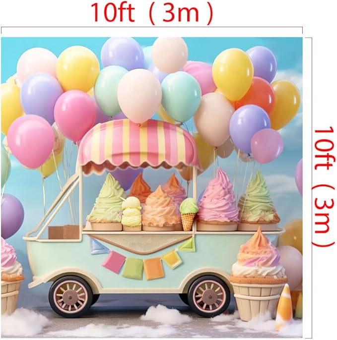 Kate 10x10ftSummer Ice Cream Car Backdrop for Photography Colorful Balloons Cake Smash Blue Sky Birthday Party Background for Kids Photo Props