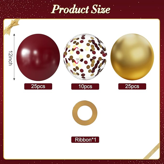 Burgundy and Gold Balloons, 60Pcs 12 Inch Maroon and Gold Balloons with Maroon Metallic Gold Confetti Balloons for Graduation Birthday Bridal Shower Party Decorations