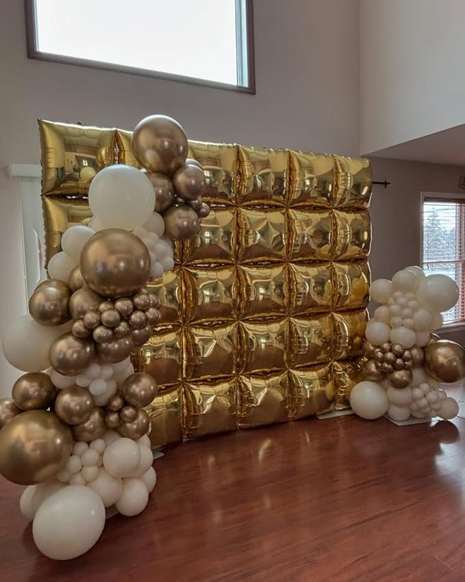 50pcs Metallic Gold Square Foil Balloons Wall Backdrop with 79pcs Metallic Gold Balloon Garland Arch Kit, Double Sided Balloon Tunnel for Anniversary Graduation Birthday New Year Decorations