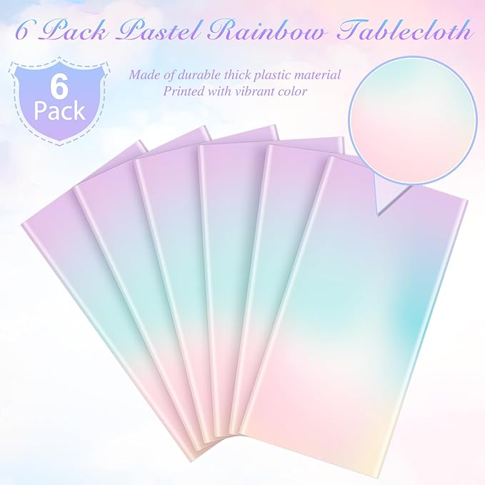 6 Pcs Pastel Tablecloths,Plastic Rainbow Tablecloth Disposable Rectangle Pastel Rainbow Table Covers for Baby Shower, Wedding, Birthday Party, Girls and Princess Party Decorations, 54 x 108 Inch