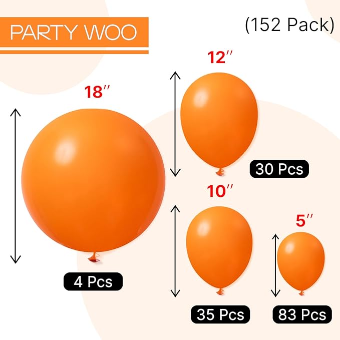 PartyWoo Orange Balloons 152pcs Different Sizes of 18 12 10 5 Inch Matte Fall Balloon Arch Kit Garland for Thanksgiving Halloween Little Cutie Baby Shower Birthday Party Decorations Orange-Y9