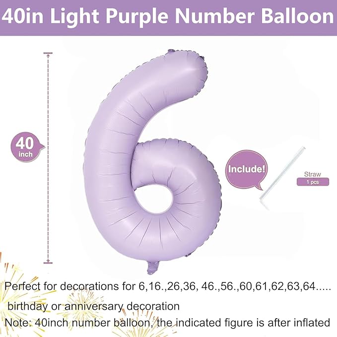 40 Inch Purple Number Balloons Light Purple 6 Balloon Matte Purple Birthday Balloons 0-9 Birthday Wedding Party digital Decorations (Number 6)