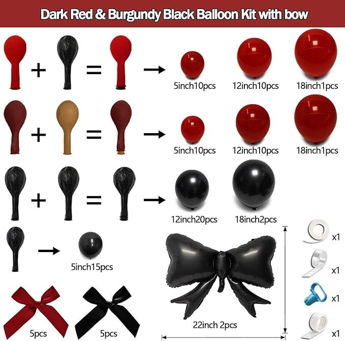 Dark Red Black Balloon Arch Kit with Bow, Double Stuffed Burgundy Black Red Maroon Balloon Garland for Birthday Baby Shower Anniversary Wedding Graduation Valentine‘s Day Party Decoration