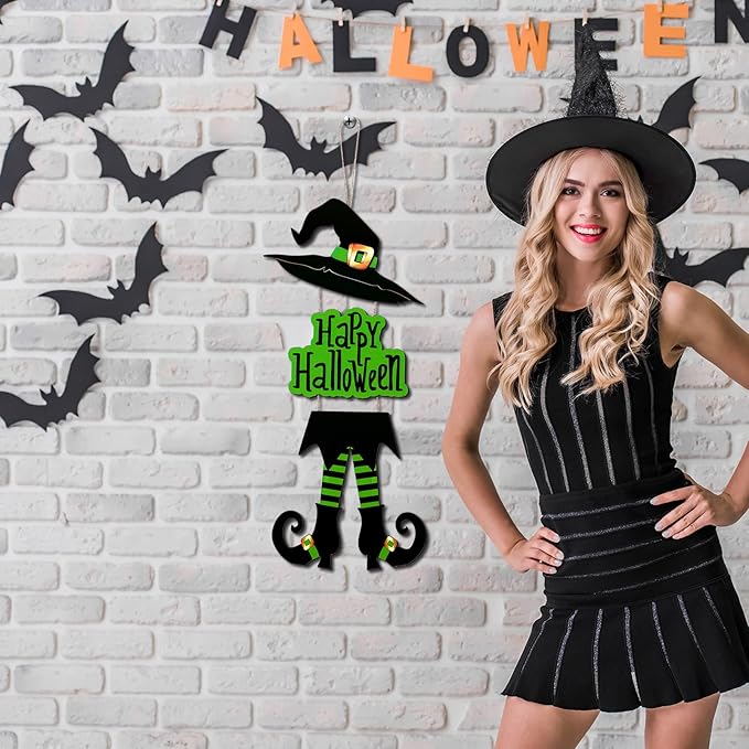 Yerliker Halloween Happy Sign Decoration Witch Legs Hat Hanging Wooden Wall Decor Version Rustic Front Door Hanger Fall Art Ornament for Home Room Indoor Outdoor Holiday Party(Green)