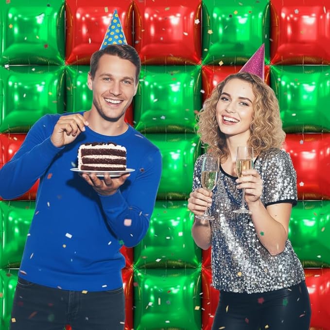 50pcs Red and Green Square Foil Balloons Wall Backdrop with 128pcs Balloon Garland Arch Kit, Christmas Balloons Decorations, Double Sided Balloon for Christmas New Year Xmas Party Decorations
