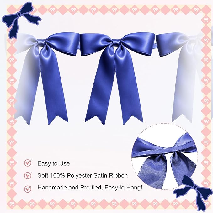 2 Strings of 16PCS Navy Blue Bow Garlands Banner Decoration,Pre-Strung Satin Ribbon Ornaments for Birthday,Bachelorette Party,Bridal Shower,Wedding,Engagement,Baby Shower,Graduation Decor,Anniversary
