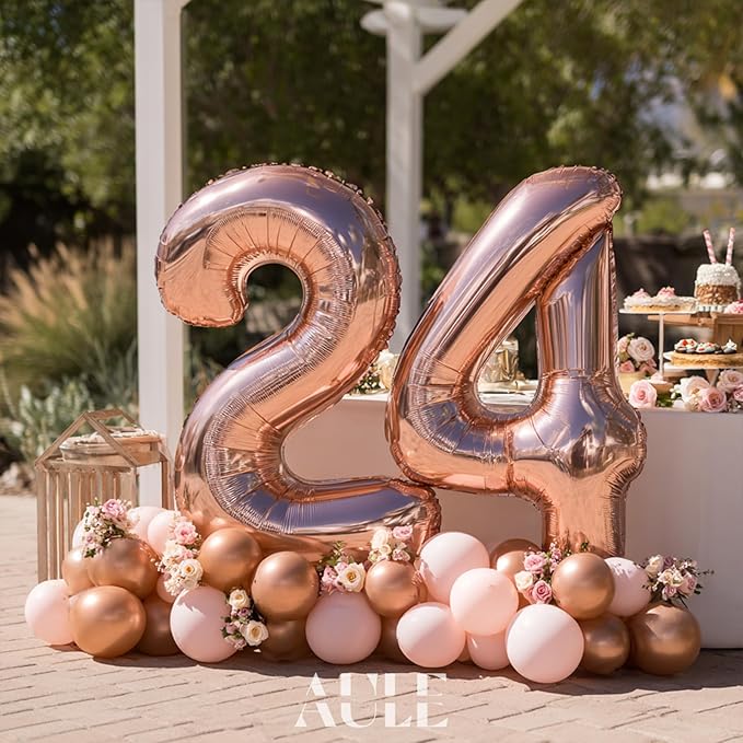 AULE 40 Inch Large 24 Number Balloons Rose Gold Big Foil Number Balloons Giant Helium Happy 24th Birthday Party Decorations for Women Huge Mylar 42 Anniversary Supplies