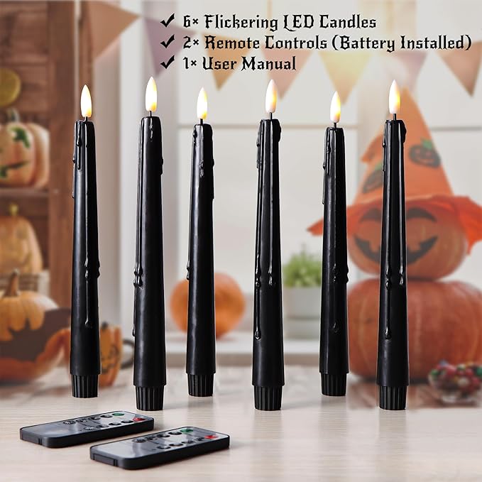 Black Flameless Taper Candles with Remote and Timer - 9.65 Inch Real Wax LED Candlesticks - Wax Drip Battery Operated Halloween Taper Candles with 3D Flickering Flame Halloween Decor, 6 Pack
