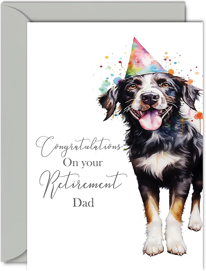Retirement Card for Dad - Party Dog - Leaving Cards for Dad from Son Daughter, Congratulations on your Retirement, 5x7 Inch Happy Retirement Card Greeting Cards