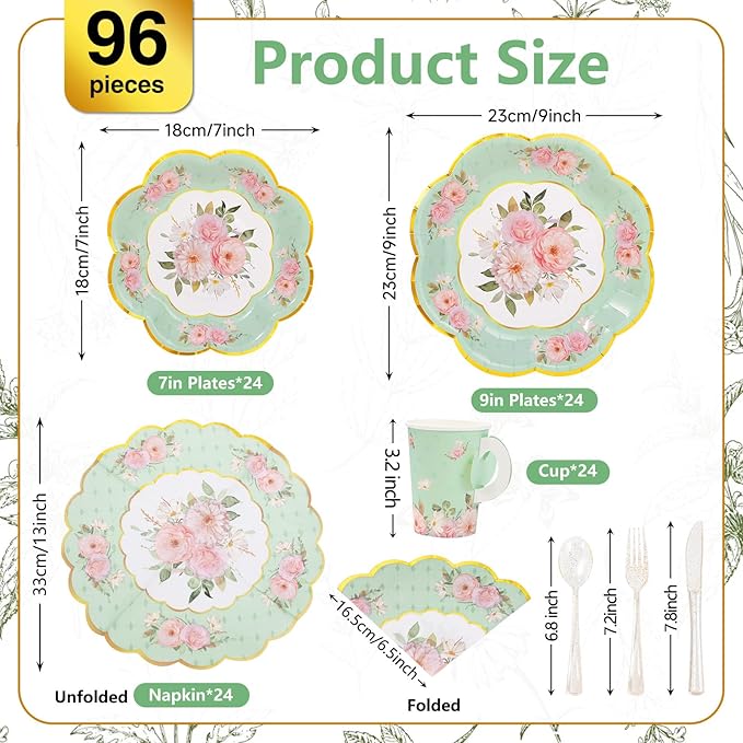 Tea Party Supplies Serves 24, Tea Party Plates and Napkins Sets Include Paper Saucers, Teacups with Handles, Tableware for Girl's Birthday, Tea Party Decoration