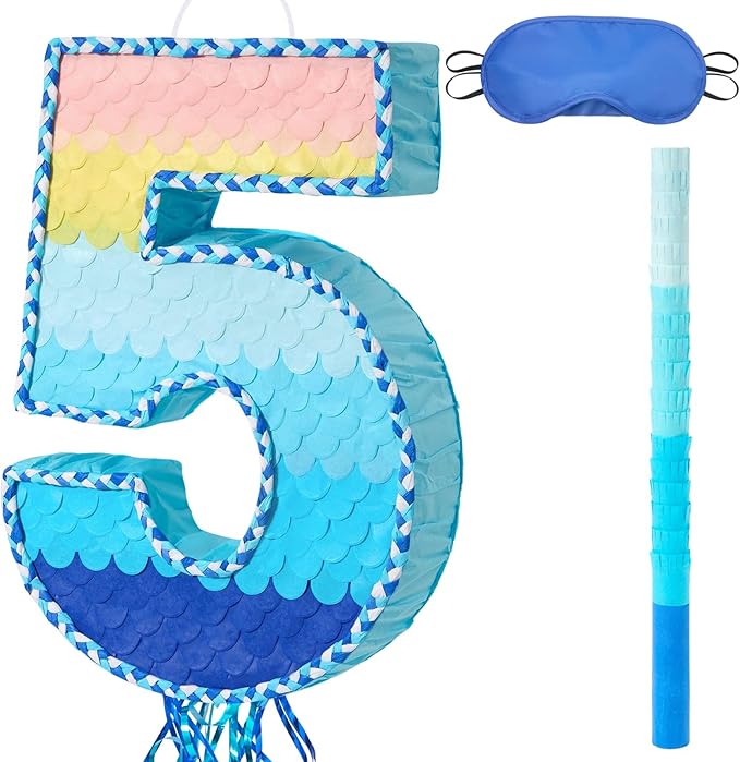 WERNNSAI Number 5 Piñata - Ombre Blue Pull String Piñata with Blindfold and Stick Birthday Party Game for Kids Boys Girls 5th Birthday Party Decorations （16.3" x 11.4" x 3")